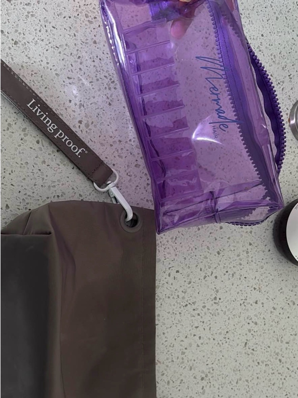 Living Proof Pouch and Purple Clear Cosmetic Pouch